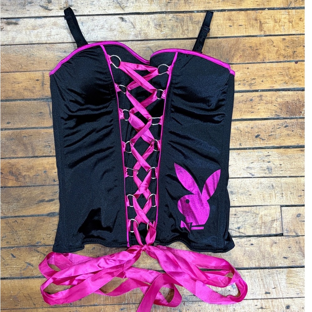 Playboy Intimates Black Pink Lace Up Corset Top Y2K Bunny Logo ribbon vintage M